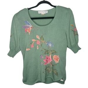 Vintage Umi Collections by Anne Crimmins Green Short Sleeve Floral Sweater, MED